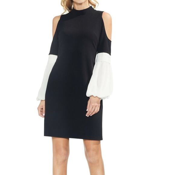 Vince Camuto Dresses & Skirts - Vince Camuto Black Cold Shoulder White Chiffon Sleeves Dress Size Small